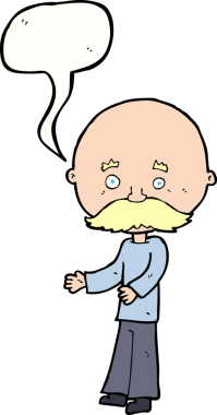 Bir insan tarafından çizilmiş konuşma balonlu bıyıklı bir çizgi film adamı.