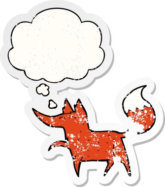 Düşünce baloncuğu olan çizgi film tilkisi insan tarafından çizilmiş yıpranmış bir çıkartma.