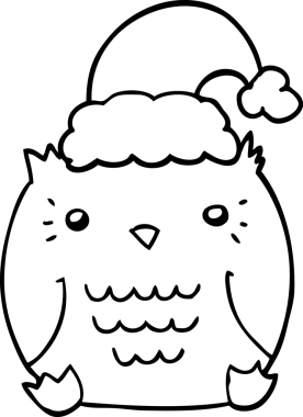 Bir insan tarafından çizilmiş Noel şapkası takan sevimli bir baykuş.