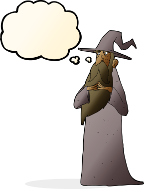 Bir insan tarafından çizilmiş düşünce baloncuğu olan çizgi film sihirbazı