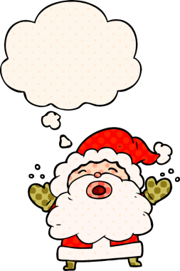 Çizgi roman tarzında bir insan tarafından çizilmiş düşünce balonuyla bağıran Noel Baba çizgi filmi.