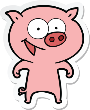 Bir insan tarafından çizilmiş neşeli bir domuz çizgi filminin çıkartması.