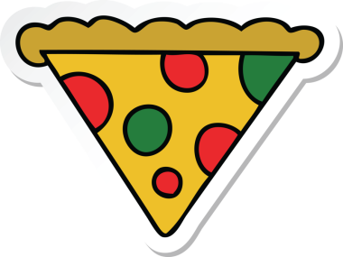 Bir insan tarafından çizilmiş tuhaf bir pizza diliminin çıkartması.