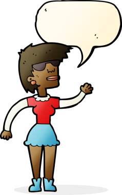 Gözlüklü bir kadın, bir insan tarafından çizilmiş konuşma balonuyla el sallıyor.