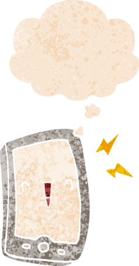 Bir insan tarafından çizilmiş grunge sıkıntılı retro biçimli düşünce baloncuklu sevimli çizgi film cep telefonu