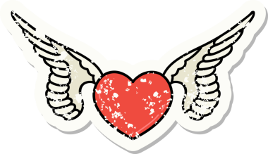 Bir insan tarafından çizilmiş kanatları olan geleneksel bir kalp stili dövmesi.