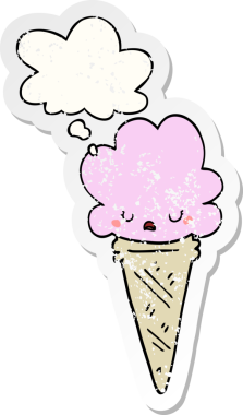 Yüzünde düşünce kabarcığı olan karikatür dondurması insan tarafından çizilmiş yıpranmış bir çıkartma gibi.