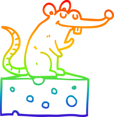 Bir insan tarafından çizilmiş peynirin üzerinde oturan çizgi film faresinin çizimi