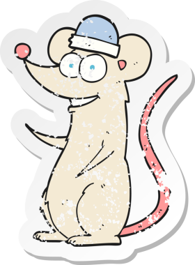 Bir insan tarafından çizilmiş mutlu fare çizgi filminin kederli retro yapıştırması.