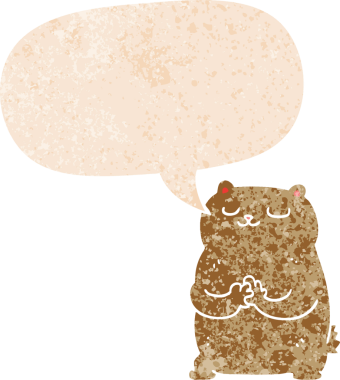 Bir insan tarafından çizilmiş grunge sıkıntılı retro biçimli konuşma balonu ile çizgi film ayısı