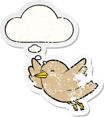 Düşünce baloncuğu olan çizgi film kuşu insan tarafından çizilmiş yıpranmış bir çıkartma gibi.