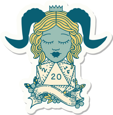 Bir insan tarafından çizilmiş doğal yirmi zarla yapıştırılmış bir etiket.