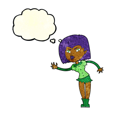 Bir insan tarafından çizilmiş düşünce balonlu vampir kız.