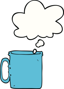 Bir insan tarafından çizilmiş düşünce baloncuklu kahve fincanı.