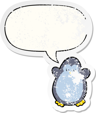 Konuşma baloncuğu olan karikatür pengueni bir insan tarafından çizilmiş sıkıntılı eski bir çıkartma