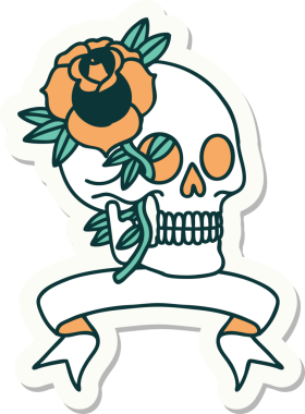 Bir insan tarafından çizilmiş kafatası ve gül şeklinde dövme stili.