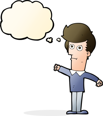 Bir insan tarafından çizilmiş düşünce baloncuğuyla yumruk atan çizgi film adamı.