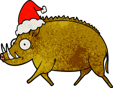 Bir insan tarafından çizilmiş Noel Baba şapkası giymiş bir yaban domuzu çizimi.