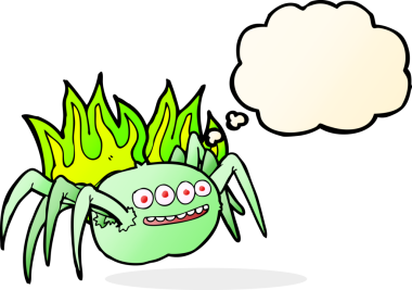 Bir insan tarafından çizilmiş düşünce baloncuklu ürkünç örümcek çizgi filmi.