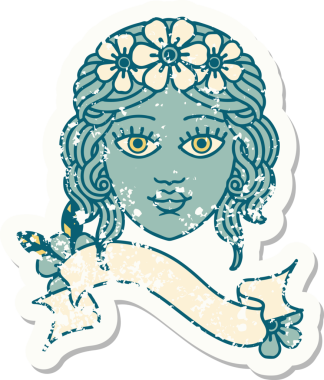 Bir insan tarafından çizilmiş çiçek taçlı bayrak takılmış eski bir çıkartma.