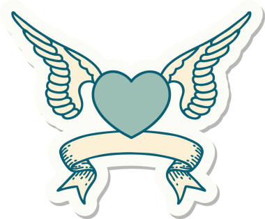 Bir insanın çizdiği kanatlı bir kalbin bayrağıyla dövme stili çıkartması.