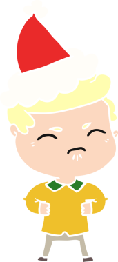 Bir insan tarafından çizilmiş Noel Baba şapkası giyen rahatsız bir adamın düz renkli çizimi.