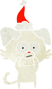 Gergin köpek eli, bir insan tarafından çizilmiş Noel Baba şapkasının eski çizgi filmini çizdi.