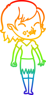 Gökkuşağı gradyan çizgisi. Bir insan tarafından çizilmiş yanağında kan olan vampir bir kız çizgi filmi.