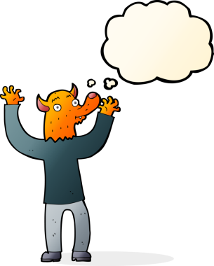 Bir insan tarafından çizilmiş düşünce balonlu mutlu tilki adam.