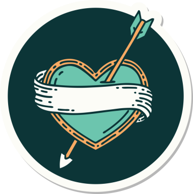 Bir insan tarafından çizilmiş ok kalp ve pankartın geleneksel stiliyle dövme çıkartması.