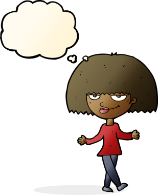 Bir insan tarafından çizilmiş düşünce baloncuğu olan kendini beğenmiş bir kadın.