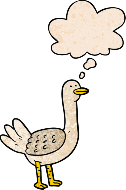 Bir insan tarafından çizilmiş grunge desenli düşünce baloncuklu çizgi film kuşu.