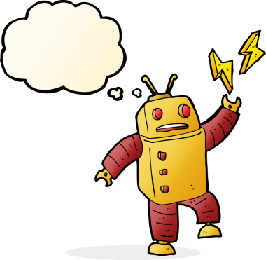 Bir insan tarafından çizilmiş düşünce baloncuklu çizgi film robotu