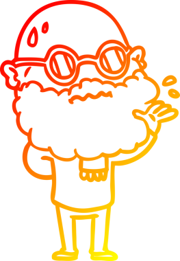 Bir insan tarafından çizilmiş sakallı ve gözlüklü endişeli bir çizgi film karakteri.