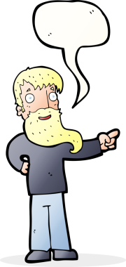 Bir insan tarafından çizilmiş konuşma baloncuğuyla işaret eden sakallı bir çizgi film adamı.