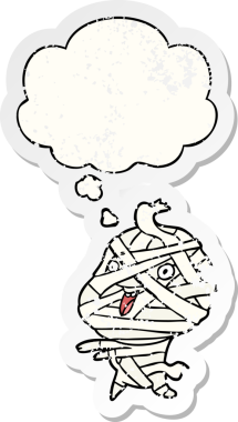 Karikatür cadılar bayramı mumyası. Düşünce baloncuğu insan tarafından çizilmiş yıpranmış bir çıkartma.