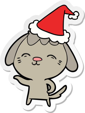 Bir insan tarafından çizilmiş Noel Baba şapkası takan bir köpeğin çizdiği mutlu el yazısı.