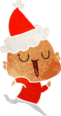 Mutlu el çizimi, kel bir adamın insan tarafından çizilmiş Noel Baba şapkası giydiği karikatür.