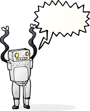 Bir insan tarafından çizilmiş konuşma balonlu komik robot.