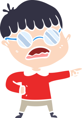 Düz renkli çizgi film karakteri, bir insan tarafından çizilmiş gözlüklü çocuğu gösteriyor.