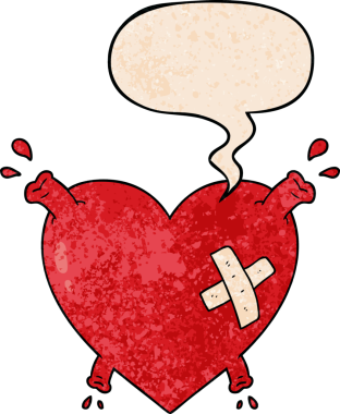 Karikatür kalp, insan tarafından çizilmiş eski dokuda konuşma baloncuğu ile kan fışkırtıyor.