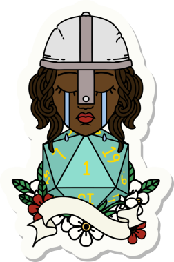 Ağlayan bir insan dövüşçüsünün çıkartması. Bir insan tarafından çizilmiş doğal bir D20 rulosu.