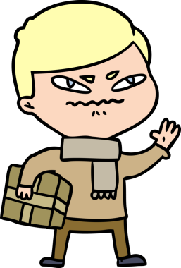 Bir insan tarafından çizilmiş paketi taşıyan kızgın bir adam.