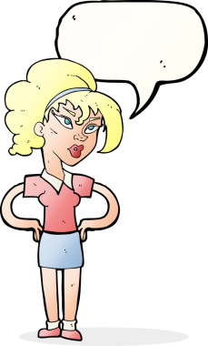 Bir insan tarafından çizilmiş konuşma balonlu elleri olan çizgi film kadını.