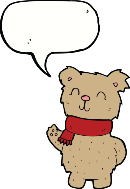 Bir insan tarafından çizilmiş konuşma balonlu oyuncak ayıyı sallayan çizgi film.