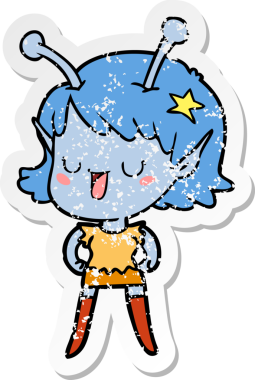 Bir insan tarafından çizilmiş mutlu uzaylı kız çizgi filminin sıkıntılı çıkartması.