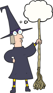 Bir insan tarafından çizilmiş süpürgeyle serbest çizilmiş düşünce balonu karikatürü cadısı.