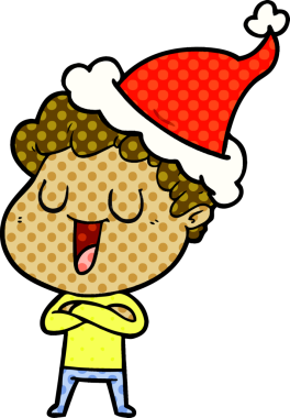 Gülen el çizimi çizgi roman tarzı Noel Baba şapkası giyen bir adamın bir insan tarafından çizilmiş resmi.