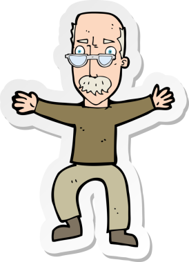 Çizgi film çıkartması. Yaşlı bir adam bir insan tarafından çizilmiş kollarını sallıyor.