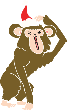 Bir insan tarafından çizilmiş Noel Baba şapkası giymiş bir şempanzenin düz renk çizimi.